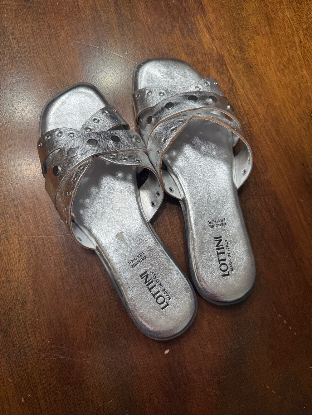 Lottini Genuine Leather Metallic Silver Studded Slide - Women's